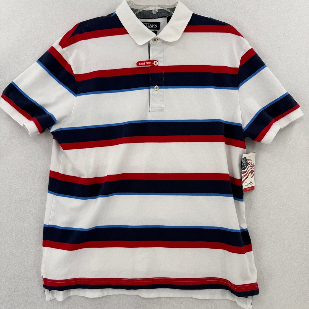 Chaps Polo Shirt Mens Large Red White Blue Striped Short Sleeve Stretch Cotton